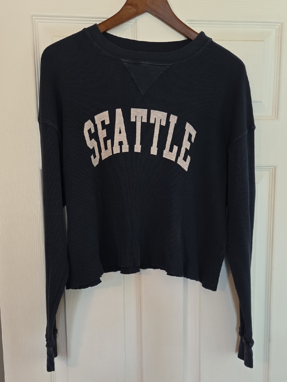 Brandy Melville Navy Seattle Cropped Waffle Long Sleeve Tee